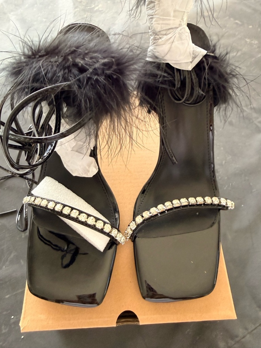Black Feather & Rhinestone Women's Lace-Up Sandals